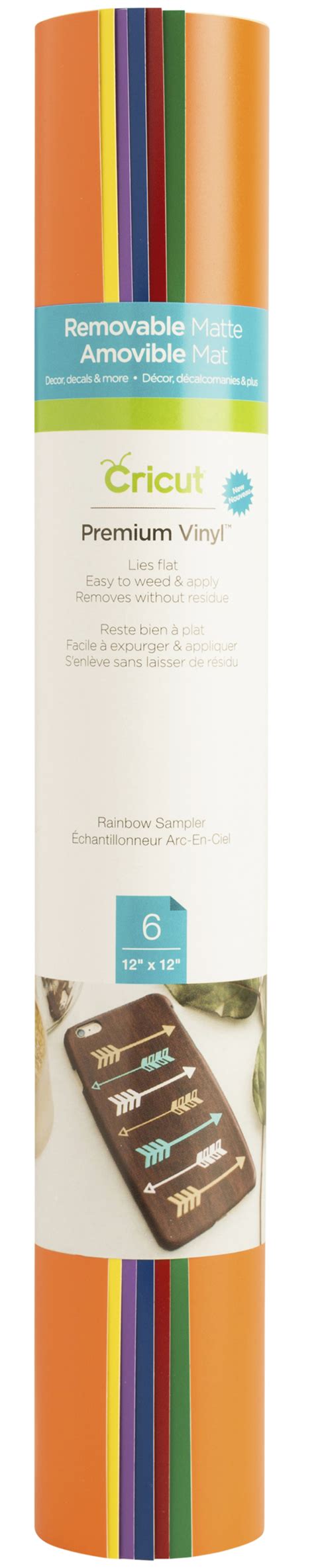 Cricut Premium Vinyl Removable Rainbow Sampler 12X12 (6 Sheets); 6 sheets 12” x 12” (30.5 cm x 30.5 cm) in Orange, Bright Yellow, Light Purple, Vivid Blue, Cardinal Red, Green; Removes without residue; Lies flat so you can cut with ease and accuracy; Easy to weed, effortless to apply